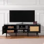 Rattan TV Stand for 65 inch TV, Boho TV Stand with Rattan Door, Entertainment Center with Build-in Socket and USB Ports, Modern 