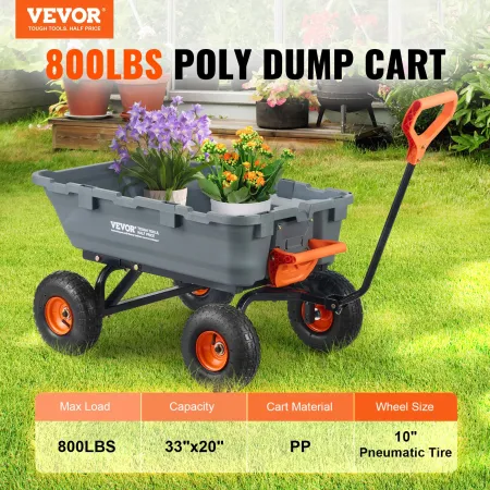 Poly Garden Dump Cart Heavy-duty Yard Carts and Wagons 800 lbs/363.6 kg 10"/25.4 cm Tires