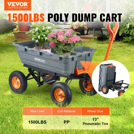 Poly Garden Dump Cart Heavy-duty Yard Carts and Wagons 1500 lbs/680.4 kg 13"/33 cm Tires