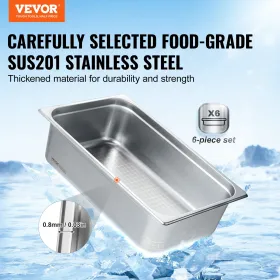 6 Pack Full Size Hotel Pans Steam Table Pan Stainless Steel 6" Deep