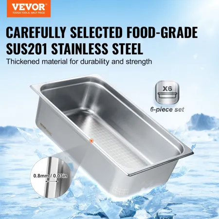 6 Pack Hotel Pans, Full Size Anti-Jam Steam Pan, 0.8mm Thick Stainless Steel Restaurant Steam Table Pan, 6-Inch Deep Commercial 