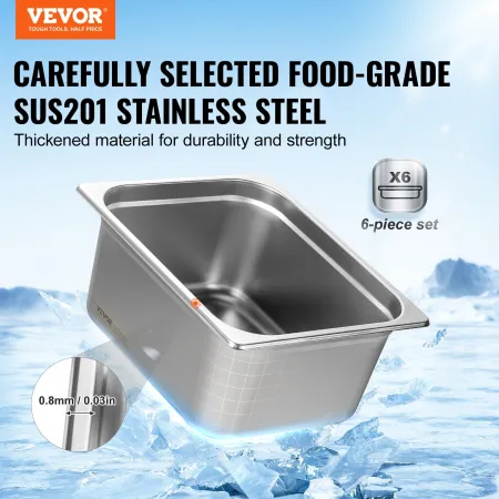 6 Pack Hotel Pans, 1/2 Size Anti-Jam Steam Pan, 0.8mm Thick Stainless Steel Restaurant Steam Table Pan, 6-Inch Deep Commercial T