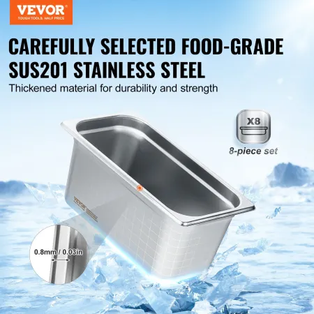 8 Pack 1/3 Size Hotel Pans Steam Table Pan Rustfrit stål 6