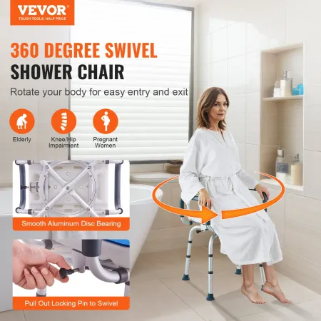 Swivel Shower Chair 360 Degree, Adjustable Shower Seat with Armrests and Backrest for Inside Shower or Bathtub, Non-Slip Rotatin