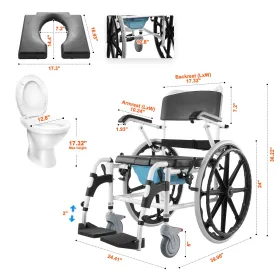 Shower Wheelchair 17.5in Al Alloy Commode Bathroom Wheelchair for Disabled