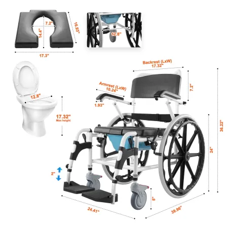 Shower Wheelchair 17.5in/44.5 cm Al Alloy Commode Bathroom Wheelchair for Disabled