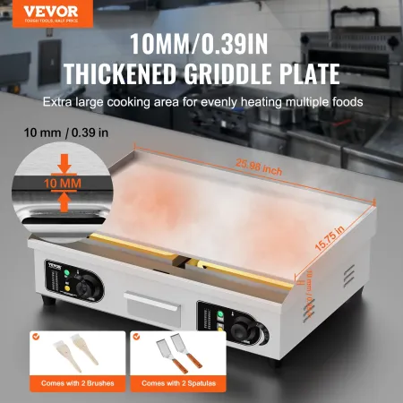 Commercial Electric Griddle, 4000W Countertop Flat Top Grill, 122℉-572 ℉ Adjustable Temp, 25.98 x 15.75 x 0.39in Stainless Steel
