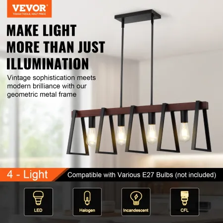 4-Light Kitchen Island Pendant Lights, 60W, Adjustable Dining Room Light Fixture with 2 x 6" and 6 x 12" Rods, Industrial Metal 