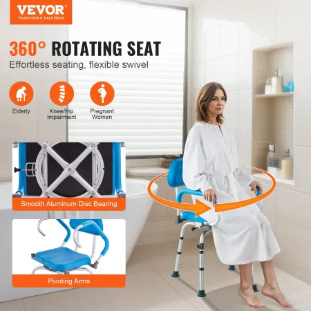 Swivel Shower Chair 360 Degree, Adjustable Shower Seat with Pivoting Arms & Padded Bath Seat for Inside Shower or Tub, Non-Slip 