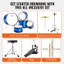 Kids Drum Set, 5-Piece, 16 in Beginner Full Drum Set with Bass Toms Snare Floor Drum Adjustable Throne Cymbal Hi-Hat Pedal and T