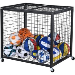Rolling Sports Ball Storage Cart, Lockable Basketball Cage med dobbelt låg, arrangør af sportsudstyrsholder til indendørs