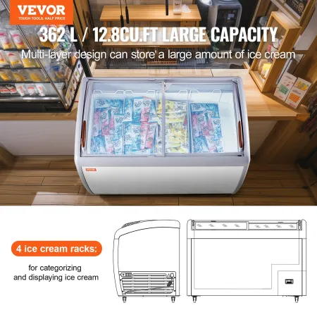 Commercial Ice Cream Display Case, 362 L Chest Freezer, Mobile Glass Top Deep Freezer, Restaurant Gelato Dipping Cabinet with 4 