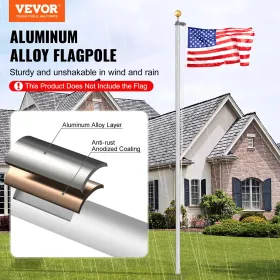 20FT Detachable Flagpole Kit Heavy Duty Aluminum Flag Pole Silver