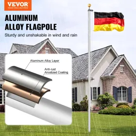 25FT Detachable Flagpole Kit Heavy Duty Aluminum Flag Pole German Silver