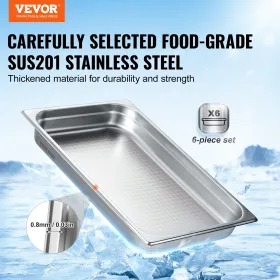 6 Pack Full Size Hotel Pans Steam Table Pan Stainless Steel 2.5" Deep