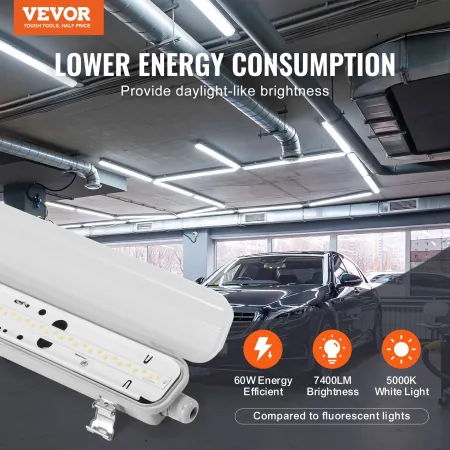 1270mm / 4FT LED Vapor Tight Light, 60W, 7400LM Vapor Proof Light Fixture with 5000K IP65 Waterproof, for Outdoor Semi-Outdoor C
