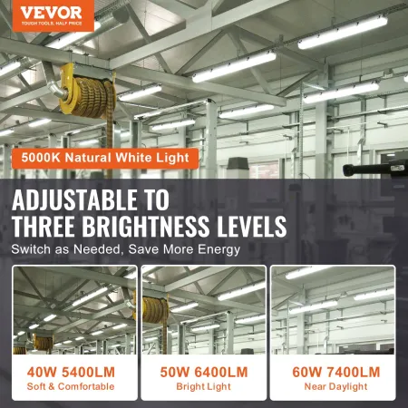 1270mm / 4FT LED Vapor Tight Light, 60W/50W/40W Selectable, 5000K Vapor Proof Light Fixture with 5400/6400/7400LM Adjustable, IP