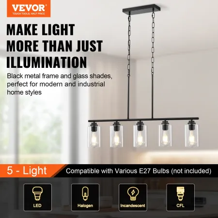 5-Light Kitchen Island Pendant Lights, 60W, Adjustable Dining Room Light Fixture with Clear Glass Lampshade 4 Rods 2 Metal Chain