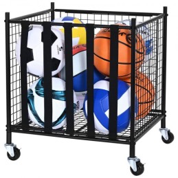 Rolling Sports Ball Storage Cart, Lockable Basketball Cage med elastiske stropper, arrangør af sportsudstyrsholder til indendørs
