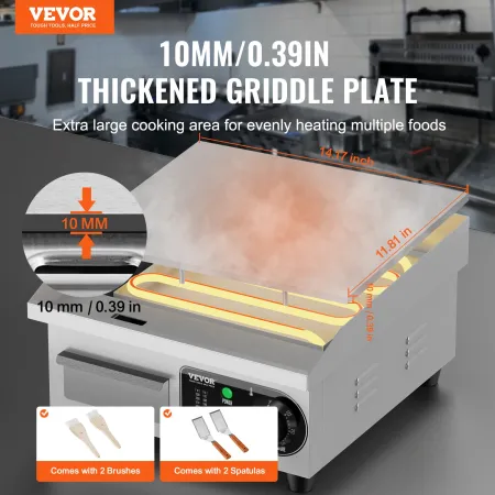 Commercial Electric Griddle, 2000W Countertop Flat Top Grill, 122℉-572 ℉ Adjustable Temp, 14.17 x 11.81 x 0.39in Stainless Steel