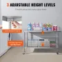 Stainless Steel Work Table 30 x 60 x 38 Inch, with 4 Wheels, 3 Adjustable Height Levels, Heavy Duty Food Prep Worktable for Comm