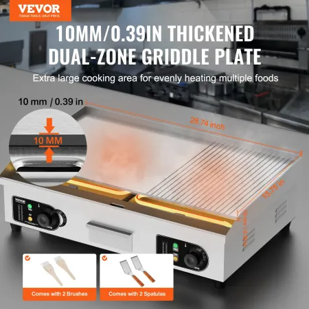 Commercial Electric Griddle, 4400W Countertop Half-Flat Top Grill, 122℉-572℉ Adjustable Temp, 28.74x15.75x0.39in Stainless Steel