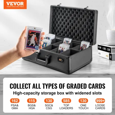 Graded Card Storage Box, 5 Slots, Graded Sports Cards Holder Carrying Case with Coded Lock Foam Dividers, for 162 PSA Graded Car