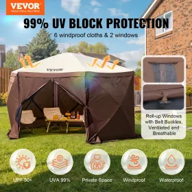 Pop Up Gazebo Tent Pop-Up Screen Tent 6 Sided Canopy Sun Shelter Brown