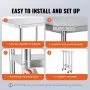 Stainless Steel Work Table 24 x 12 x 38 Inch, with 4 Wheels, 3 Adjustable Height Levels, Heavy Duty Food Prep Worktable for Comm
