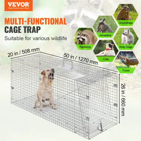 Live Animal Cage Trap, 50" x 20" x 26" Humane Cat Trap Galvanized Iron, Folding Animal Trap with Handle for Stray Dogs, Armadill