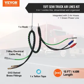 15ft Semi Truck Air Lines Kit 3-i-1 luftslanger og 7-vejs plug