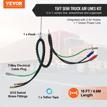 15ft Semi Truck Air Lines Kit 3-i-1 luftslanger og 7-vejs plug