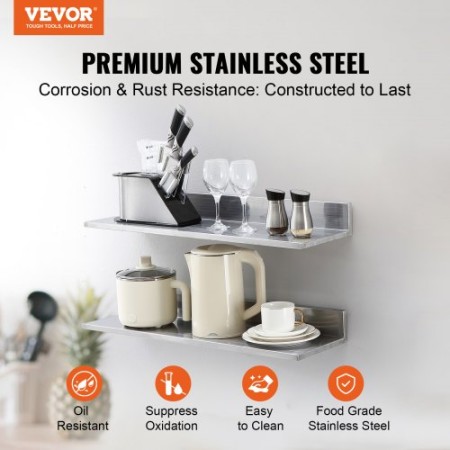 8.6" x 30" Stainless Steel Shelf, Wall Mounted Floating Shelving with Backsplash, 44 lbs Load Capacity Commercial Shelves,