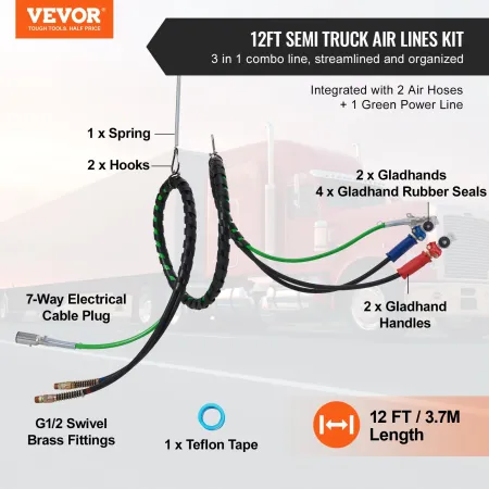 15ft 3-i-1 Semi Truck Air Lines Kit med 2 stk. 