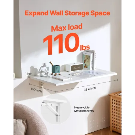 Wall Mounted Folding Table, 39.4 x 19.7 inches Wall Mount Table, Floating Desk with Iron Bracket, Fold Down Desk for Small Space