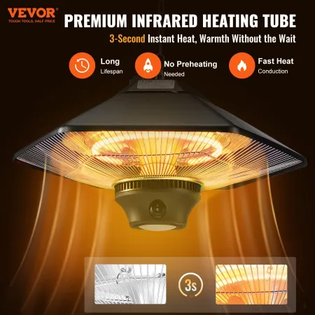 Hanging Patio Heater, 2000W Remote Control Outdoor/Indoor Electric Space Infrared Heater, IP34 Protection Ceiling Heater w/ Pull