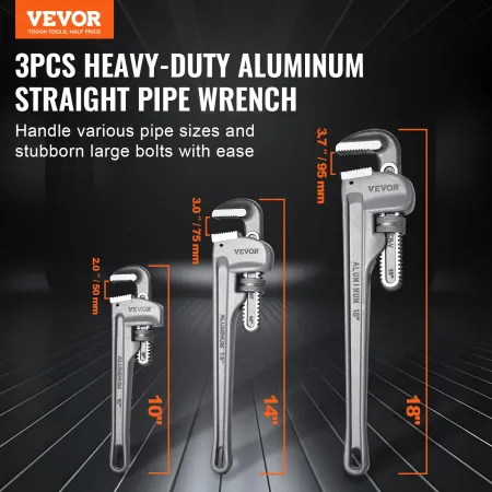 3-Piece Pipe Wrench Set, 10" 14" 18" Aluminum Straight Pipe Wrench, Adjustable Plumbing Wrench, with High Strength Jaw and Ergon