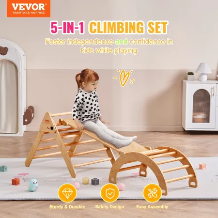 Pikler Triangle Set, 5 in 1 Toddler Climbing Toys Indoor Playground, Montessori Climbing Set with Triangle, Ramp, and Arch, Larg