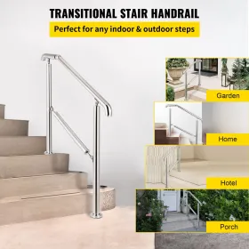 3 Step Railing Stainless Steel Transitional Handrail fit for Level Surface and 1 to 3 Steps Adjustable Stair Railing Indoor