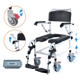 Shower Commode Wheelchair with 4 Lockable Wheels, Footrests, Flip-up Arms, 3-Level Adjustable Height, 5L Removable Bucket, 350