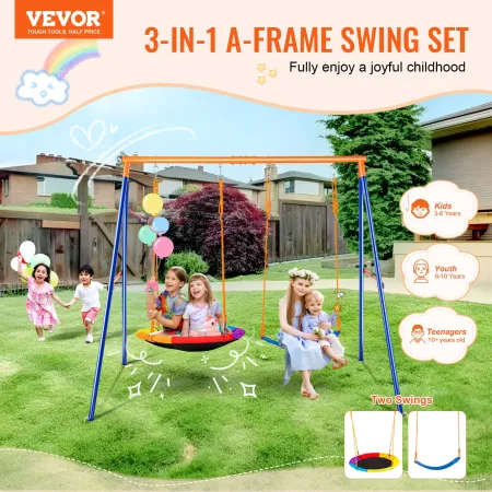 Swing Sets for Backyard, 440lbs Load Capacity Swing Set, with 1 Saucer Swing Seat, 1 Belt Swing Seat, Heavy Duty A-Frame Metal S