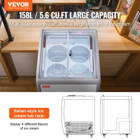 Commercial Ice Cream Display Case, 158 L Chest Freezer, Mobile Glass Top Deep Freezer, Restaurant Gelato Dipping Cabinet, 2 Slid