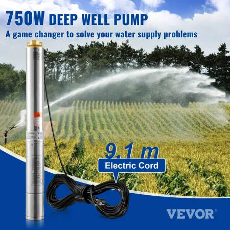 Deep Well Submersible Pump, 750W 230V 60Hz, 7.1 m³/h Max Flow 75 m Max Head, with 9.1 m Electric Cord, Stainless Steel Water Pum