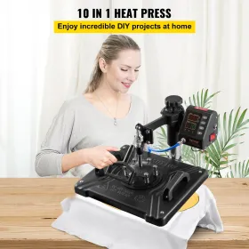 Heat Press 12x15 tommer 10 i 1 varmepresse 1000W varmepressemaskine med 360 ° rotation sving væk sort 10 i 1 t-shirt