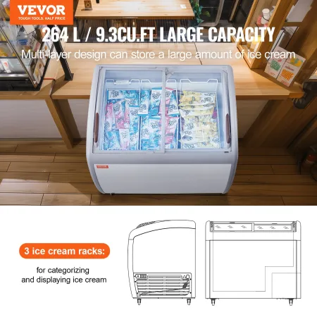 Commercial Ice Cream Display Case, 264 L Chest Freezer, Mobile Glass Top Deep Freezer, Restaurant Gelato Dipping Cabinet with 3 