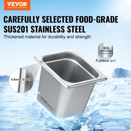 6 Pack 1/6 Size Hotel Pans Steam Table Pan Rustfrit stål 6 "dyb