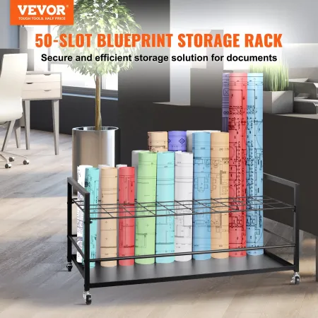 Blueprint Storage Rack, 50 Slots Blueprint Holder with Wheels, Mobile Metal Blueprint Storage Cart for Construction Plan Map Pos