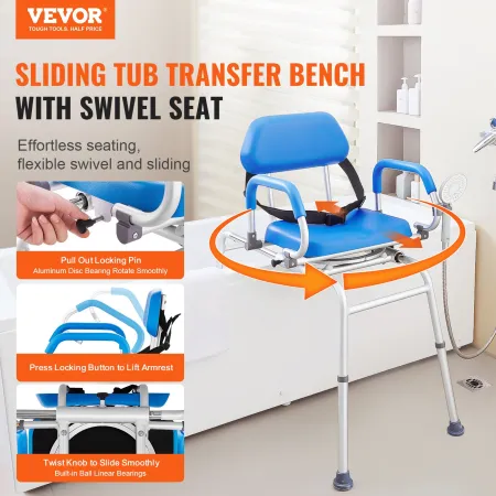 Sliding Tub Transfer Bench Shower Chair with 360 Degree Swivel Seat 150 kg