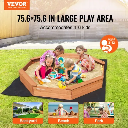 Wooden Sandbox with Cover, 75.6 x 75.6 x 9.1 in Octagonal Sand Box, Sand Pit with 4 Seating and Bottom Liner, Kids Sandbox for O