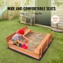 Wooden Sandbox, 52.4 x 47.2 x 16.9 in Sand Box, Sand Pit with Foldable Bench Seats and Bottom Liner, Natural Wood Kids Sandbox f